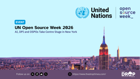 Event graphic titled "UN Open Source Week 2026," with the subtitle "AI, DPI and OSPOs Take Centre Stage in New York." The top right features the United Nations logo alongside text for "open source week" set against a twilight skyline view of New York City featuring the illuminated Empire State Building.