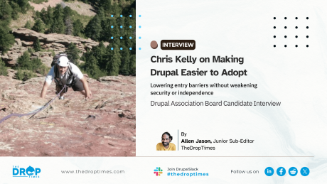 Chris Kelly rock climbing beside an interview graphic about making Drupal easier to adopt, with a byline for Allen Jason.