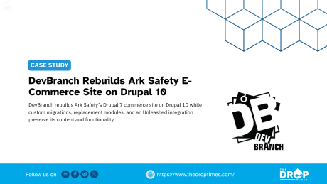  TDT hero card about Ark Safety’s Drupal commerce rebuild. Title: “DevBranch Rebuilds Ark Safety E-Commerce Site on Drupal 10.” Deck: “DevBranch rebuilds Ark Safety’s Drupal 7 commerce site on Drupal 10 while custom migrations, replacement modules, and an Unleashed integration preserve its content and functionality.”