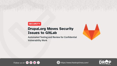 TDT hero card about Drupal.org security issue workflows. Title: “Drupal.org Moves Security Issues to GitLab.” Deck: “Automated Testing and Review for Confidential Vulnerability Work.”
