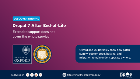 A wide purple gradient Discover Drupal graphic pairs the University of Oxford logo and UC Berkeley seal with a dark blue callout explaining the limits of Drupal 7 extended support. Text reads "DISCOVER DRUPAL. Drupal 7 After End of Life. Extended support does not cover the whole service. Oxford and UC Berkeley show how patch supply custom code hosting and migration remain under separate owners. Follow us on. LinkedIn. Facebook. Reddit. X. https www.thedroptimes.com. THE DROP TIMES."