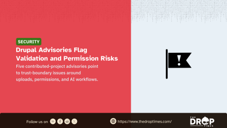 Security graphic titled “Drupal Advisories Flag Validation and Permission Risks” with text reading “Five contributed-project advisories point to trust-boundary issues around uploads, permissions, and AI workflows.” The right side shows a black warning flag with an exclamation mark, with The Drop Times branding and website link along the bottom.