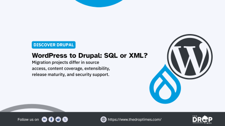 A wide Discover Drupal graphic places the WordPress and Drupal logos beside a summary of factors that shape a migration approach. Text reads "DISCOVER DRUPAL. WordPress to Drupal. SQL or XML. Migration projects differ in source access content coverage extensibility release maturity and security support. Follow us on. LinkedIn. Facebook. Reddit. X. https www.thedroptimes.com. THE DROP TIMES."