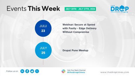 A desktop weekly events graphic for The Drop Times uses a pale world map background and a vertical timeline with two Drupal community events. The graphic text reads "Events This Week" "JULY 20TH TO JULY 27TH 2026" "JULU 23" "Webinar. Secure at Speed with Fastly. Edge Delivery Without Compromise" "JULY 25" "Drupal Pune Meetup" "THE DROP TIMES" "Follow us on" "Join Our Slack Channel" "thedroptimes" and "www.thedroptimes.com".
