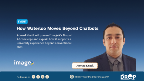 Horizontal TDT home image titled “How Waterloo Moves Beyond Chatbots.” Deck: “Ahmad Khalil will present ImageX’s Drupal AI concierge and explain how it supports a university experience beyond conventional chat.” Metadata shows 7 August 2026, 17:30–18:30 EDT, and registration required.