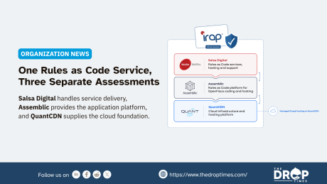 The DropTimes graphic illustrating a layered Rules as Code service. Title: “One Rules as Code Service, Three Separate Assessments.” Deck: “Salsa Digital handles delivery, Assemblic provides the application platform, and QuantCDN supplies the cloud foundation.” The illustration shows the relationship between the three providers in the service architecture.
