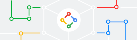 Abstract light gray technology banner with connected lines and circular nodes in green, yellow, red, and blue. A central white circle contains a small multicolor network icon, suggesting connected systems or digital infrastructure.