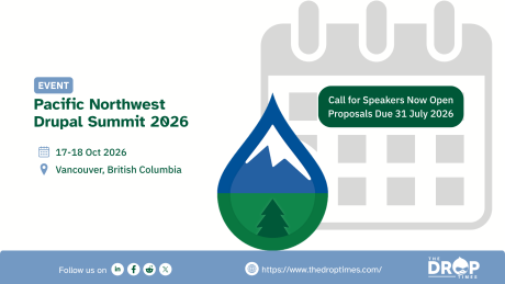 Event graphic for “Pacific Northwest Drupal Summit 2026” with text reading “17.18 Oct 2026” and “Vancouver, British Columbia.” A large Drupal shaped mountain and forest logo sits in front of a gray calendar illustration, with a label reading “Call for Speakers Now Open Proposals Due 31 July 2026.”