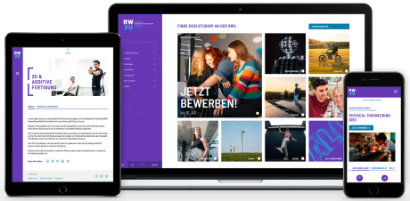 Responsive website mockup for RWU Hochschule Ravensburg Weingarten displayed on a laptop, tablet, and phone. The screens show purple navigation panels, study program pages, and German text.