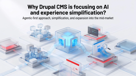 Futuristic network illustration with glowing blue data paths connecting modular platforms. Text reads "Why Drupal CMS is focusing on AI and experience simplification". "Agentic first approach. simplification. and expansion into the mid market".