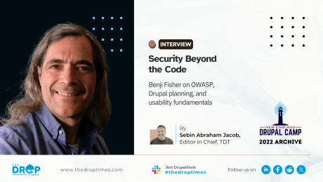 Hero image for an archive interview with Benji Fisher, with his profile positioned to one side. The title reads “Security Beyond the Code,” with a deck on OWASP, Drupal planning, and usability fundamentals.