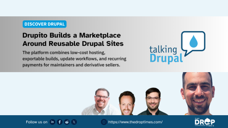 A wide Discover Drupal graphic promotes a Talking Drupal discussion about Drupito and shows four speaker portraits beneath the Talking Drupal logo. Text reads "DISCOVER DRUPAL. Drupito Builds a Marketplace Around Reusable Drupal Sites. The platform combines low cost hosting exportable builds update workflows and recurring payments for maintainers and derivative sellers. talking Drupal. Follow us on. LinkedIn. Facebook. Reddit. X. https www.thedroptimes.com. THE DROP TIMES."