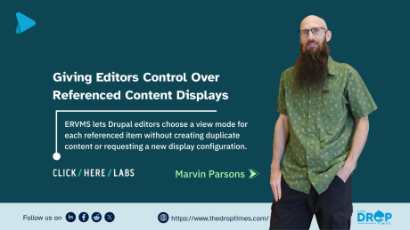 Cover image for an ERVMS guest article showing the author beside the headline “Giving Editors Control Over Referenced Content Displays,” with Click Here Labs and The DropTimes branding.