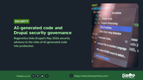Security graphic titled “AI-generated code and Drupal security governance” with text reading “Rogerwilco links Drupal’s May 2026 security advisory to the risks of AI-generated code into production.” A blurred code editor menu on the right shows “AI Actions” options including “Explain Code” and “Find Problems,” with The Drop Times branding and website link at the bottom.
