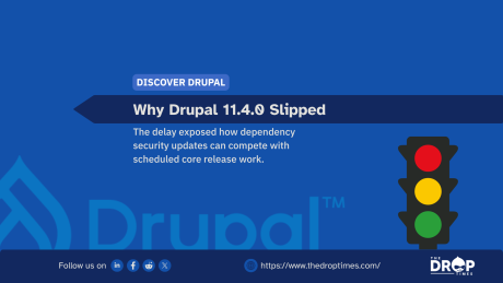 Graphic reading “Why Drupal 11.4.0 Slipped,” with supporting text about dependency security updates competing with scheduled core release work.