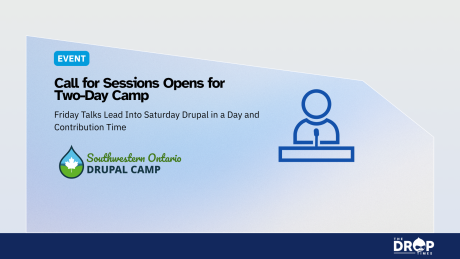 Light blue Southwestern Ontario Drupal Camp event graphic with a podium speaker icon and the camp logo. Text reads "EVENT" "Call for Sessions Opens for Two Day Camp" "Friday Talks Lead Into Saturday Drupal in a Day and Contribution Time" "Southwestern Ontario Drupal Camp" and "THE DROP TIMES".