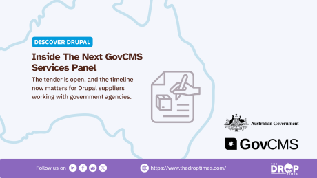 GovCMS services graphic with Australian Government and GovCMS branding beside a large calendar illustration. Text reads "DISCOVER DRUPAL. What Comes Next For GovCMS Services. A new services panel is being procured, but the bigger story is what the timing could mean for Drupal agencies and public sector teams. Australian Government. GovCMS. Read more at thedroptimes.com