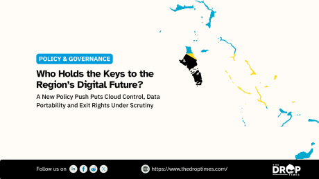 Policy and governance graphic about Caribbean digital sovereignty with a stylized map of the region highlighted in blue yellow and black. The main text reads "Who Holds the Keys to the Region’s Digital Future. A New Policy Push Puts Cloud Control Data Portability and Exit Rights Under Scrutiny."