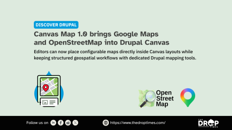 A wide Discover Drupal graphic announces Canvas Map 1.0 support for Google Maps and OpenStreetMap inside Drupal Canvas. Mapping icons and service logos highlight that editors can add configurable maps while keeping structured geospatial workflows.