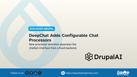 Hero image for DRUPAL AI 1.5.0-ALPHA2. Title: “DeepChat Adds Configurable Chat Processors.” Deck: “New processor selection separates the chatbot interface from a fixed backend.”