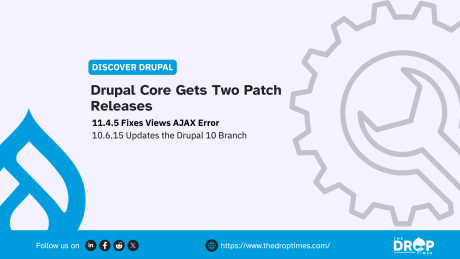 Drupal release graphic with a large blue Drupal logo on the left and an outlined gear and wrench on the right. Text reads "DISCOVER DRUPAL" "Drupal Core Gets Two Patch Releases" "11.4.5 Fixes Views AJAX Error" "10.6.15 Updates the Drupal 10 Branch" "Follow us on" "https://www.thedroptimes.com/" and "THE DROP TIMES".