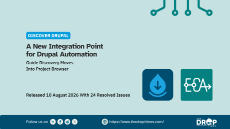 Wide Drupal automation graphic announcing that guide discovery has moved into Project Browser. Drupal and ECA logos appear side by side beneath the release note for 10 August 2026 with 24 resolved issues.