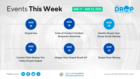 Weekly Drupal community events graphic for August 17 through August 23 2026 with six events arranged vertically by date. Text reads "Events This Week. AUG 17 AUG 23 2026. AUG 18 Drupal Day. AUG 18 Code of Conduct Incident Response Workshop. AUG 18 Seattle Drupal User Group Social Meetup. AUG 19 Custom Field Module Fox Valley Drupal. AUG 19 Helppy Hour Drupal Brasil 7. AUG 22 Drupal Pune Meetup.