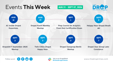 Weekly Drupal events calendar for August 31 through September 7 2026 arranged across two rows with dated circles over a faint world map background. Text reads "Events This Week. AUG 31 - SEPT 07, 2026. AI Inside Drupal Essentials. AUG 31. Drupal Kochi Monthly Meetup. AUG 31. Prep Course for Acquia's Front End Certification Exam. SEPT 1. Helppy Hour Drupal Brazil #9. SEPT 2. DrupalACT September 2026 Meetup. SEPT 2. Twin Cities Drupal Happy Hour. SEPT 3. Drupal Usergroup Berlin Meetup. SEPT 3. Drupal User Gro