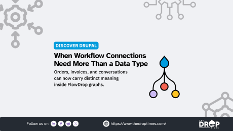 FlowDrop graphic with a branching workflow symbol showing how connections can distinguish the meaning of different kinds of data inside a Drupal workflow. Text reads "DISCOVER DRUPAL" "When Workflow Connections Need More Than a Data Type" "Orders invoices and conversations can now carry distinct meanings inside FlowDrop graphs." "Follow us on" "https://www.thedroptimes.com/