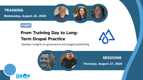 Drupal event graphic featuring five speakers across training and session dates. Text reads "TRAINING". "Wednesday August 26 2026". "EVENT". "From Training Day to Long Term Drupal Practice". "Speaker insights on governance and staged publishing". "SESSIONS". "Thursday August 27 2026". "THE DROP TIMES".