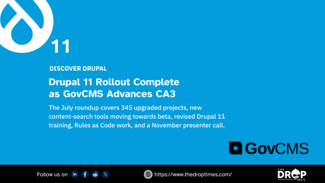 A wide blue Discover Drupal graphic features the Drupal 11 symbol and GovCMS logo beside a summary of the July roundup. Text reads "DISCOVER DRUPAL. Drupal 11 Rollout Complete as GovCMS Advances CA3. The July roundup covers 345 upgraded projects. new content search tools moving towards beta. revised Drupal 11 training. Rules as Code work. and a November presenter call. GovCMS. Follow us on. LinkedIn. Facebook. Reddit. X. https www.thedroptimes.com. THE DROP TIMES."