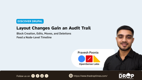 Discover Drupal graphic with a portrait labeled "Pravesh Poonia" beside the OpenSense Labs logo. Text reads "DISCOVER DRUPAL". "Layout Changes Gain an Audit Trail". "Block Creation, Edits, Moves, and Deletions Feed a Node-Level Timeline". "Pravesh Poonia". "OpenSense Labs". "Follow us on". "https://www.thedroptimes.com/". "THE DROP TIMES".