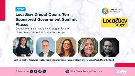 Horizontal hero image for the Government Summit at DrupalCon Europe. Title: “LocalGov Drupal Opens Ten Sponsored Government Summit Places.” Deck: “Council teams can apply by 21 August for the Government Summit at DrupalCon Europe.”