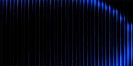 Abstract black background with narrow vertical blue light waves that brighten and bend into flowing shapes toward the right side.