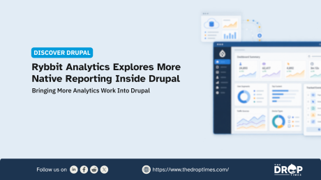 A wide Discover Drupal graphic introduces Rybbit Analytics as a way to bring more reporting directly into Drupal. A blurred analytics dashboard with charts and summary cards reinforces the focus on native analytics and reporting inside the CMS.