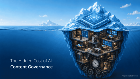 A blue iceberg illustration shows a glowing AI chip above the water while a complex network of offices servers gears and clocks is hidden below the surface. The graphic frames content governance as a hidden operational cost of AI and includes the text "The Hidden Cost of AI. Content Governance." and "AI generated visual."
