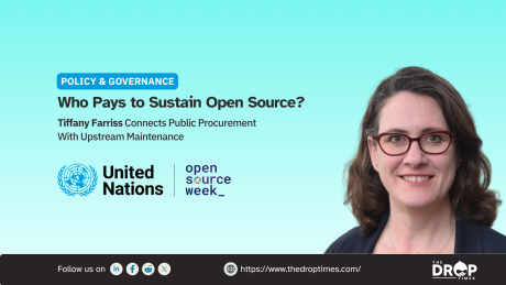 Wide promotional graphic featuring Tiffany Farriss with the United Nations and Open Source Week logos. The design frames her discussion around who pays to sustain open source and how public procurement can support upstream maintenance.