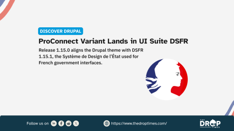 A wide Discover Drupal graphic introduces the ProConnect variant in UI Suite DSFR and pairs the announcement with French government branding. It explains that release 1.15.0 aligns the Drupal theme with DSFR 1.15.1 for French government interfaces.
