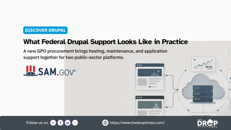 Federal Drupal support graphic showing two public sector websites connected to shared cloud hosting and infrastructure with uptime monitoring. The SAM.gov logo reinforces the government procurement context and the visual shows hosting maintenance and application support brought together for two platforms.