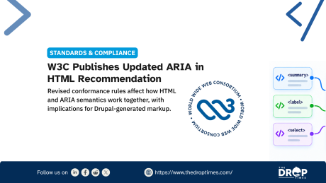 A wide standards and compliance graphic pairs the W3C logo with HTML code examples for elements such as summary label and select. It highlights that updated ARIA in HTML conformance rules change how HTML and ARIA semantics interact in Drupal generated markup.