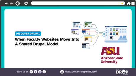 Graphic about Arizona State University moving faculty and lab websites from individually managed WordPress installations toward a shared Drupal model. Text reads "DISCOVER DRUPAL. What Changes When A University Standardises On Drupal. Faculty and lab websites are moving away from individually managed WordPress installations toward a shared Drupal model. ASU Arizona State University. Read more at thedroptimes.com.