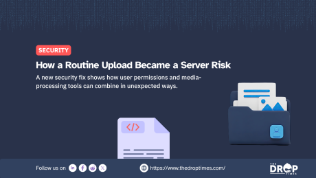 Dark security graphic illustrating how uploaded files and media processing can create server risk when combined with user permissions. Text reads "SECURITY. How a Routine Upload Became a Server Risk. A new security fix shows how user permissions and media processing tools can combine in unexpected ways.