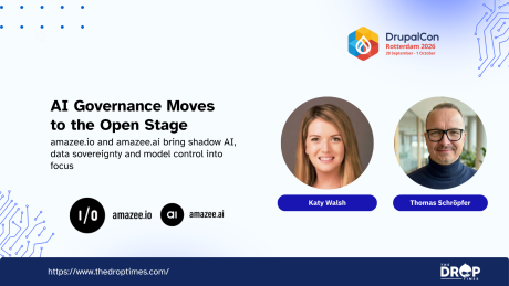 “AI Governance Moves to the Open Stage.” “amazee.io and amazee.ai bring shadow AI. data sovereignty and model control into focus.” DrupalCon Rotterdam 2026 graphic features portraits of Katy Walsh and Thomas Schröpfer with the amazee.io and amazee.ai logos.