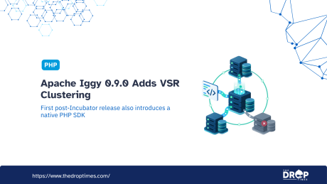 A diagram shows connected server and database nodes in a cluster with one unavailable node marked by a red X. Text reads "PHP. Apache Iggy 0.9.0 Adds VSR Clustering. First post Incubator release also introduces a native PHP SDK. https www.thedroptimes.com."