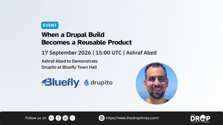 Event graphic promoting a Bluefly Town Hall featuring a headshot of a smiling man beside the Bluefly and Drupito logos. The text reads "When a Drupal Build Becomes a Reusable Product" "17 September 2026. 15.00 UTC. Ashraf Abed" and "Ashraf Abed to Demonstrate Drupito at Bluefly Town Hall."