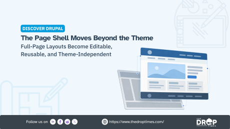 Drupal Canvas graphic showing a finished webpage connected to an editable wireframe layout to represent reusable theme independent full page structures. Text reads "DISCOVER DRUPAL". "The Page Shell Moves Beyond the Theme". "Full Page Layouts Become Editable Reusable and Theme Independent".