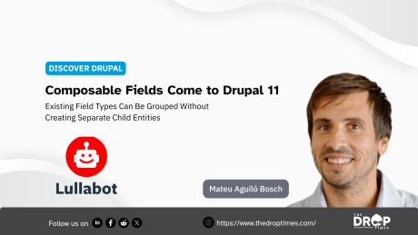 “Composable Fields Come to Drupal 11.” “Existing Field Types Can Be Grouped Without Creating Separate Child Entities.” Lullabot logo and a portrait labeled “Mateu Aguiló Bosch.”