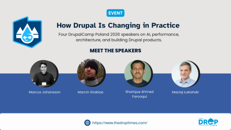 DrupalCamp Poland event graphic featuring portraits of four speakers and the event logo. Text reads "EVENT". "How Drupal Is Changing in Practice". "Four DrupalCamp Poland 2026 speakers on AI, performance, architecture, and building Drupal products". "MEET THE SPEAKERS". "Marcus Johansson". "Marcin Grabias". "Sharique Ahmed Farooqui". "Maciej Łukiański". "https www thedroptimes com". "THE DROP TIMES".