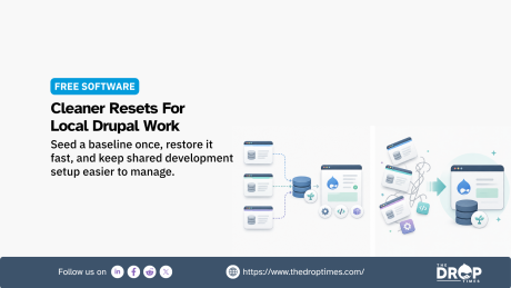 Free software graphic showing a cleaner reset workflow for local Drupal development with multiple environments feeding a shared baseline and a messy setup resolving into a restored Drupal environment. Text reads "FREE SOFTWARE". "Cleaner Resets For Local Drupal Work". "Seed a baseline once, restore it fast, and keep shared development setup easier to manage." "Follow us on". "https://www.thedroptimes.com/".