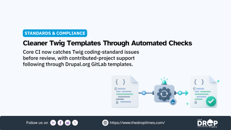Promotional graphic about automated Twig coding standards checks in Drupal. Text reads "Standards and Compliance". "Cleaner Twig Templates Through Automated Checks". "Core CI now catches Twig coding standard issues before review with contributed project support following through Drupal.org GitLab templates". A workflow illustration shows a Twig code file passing through an automated Drupal check and becoming a validated file with a green check mark.